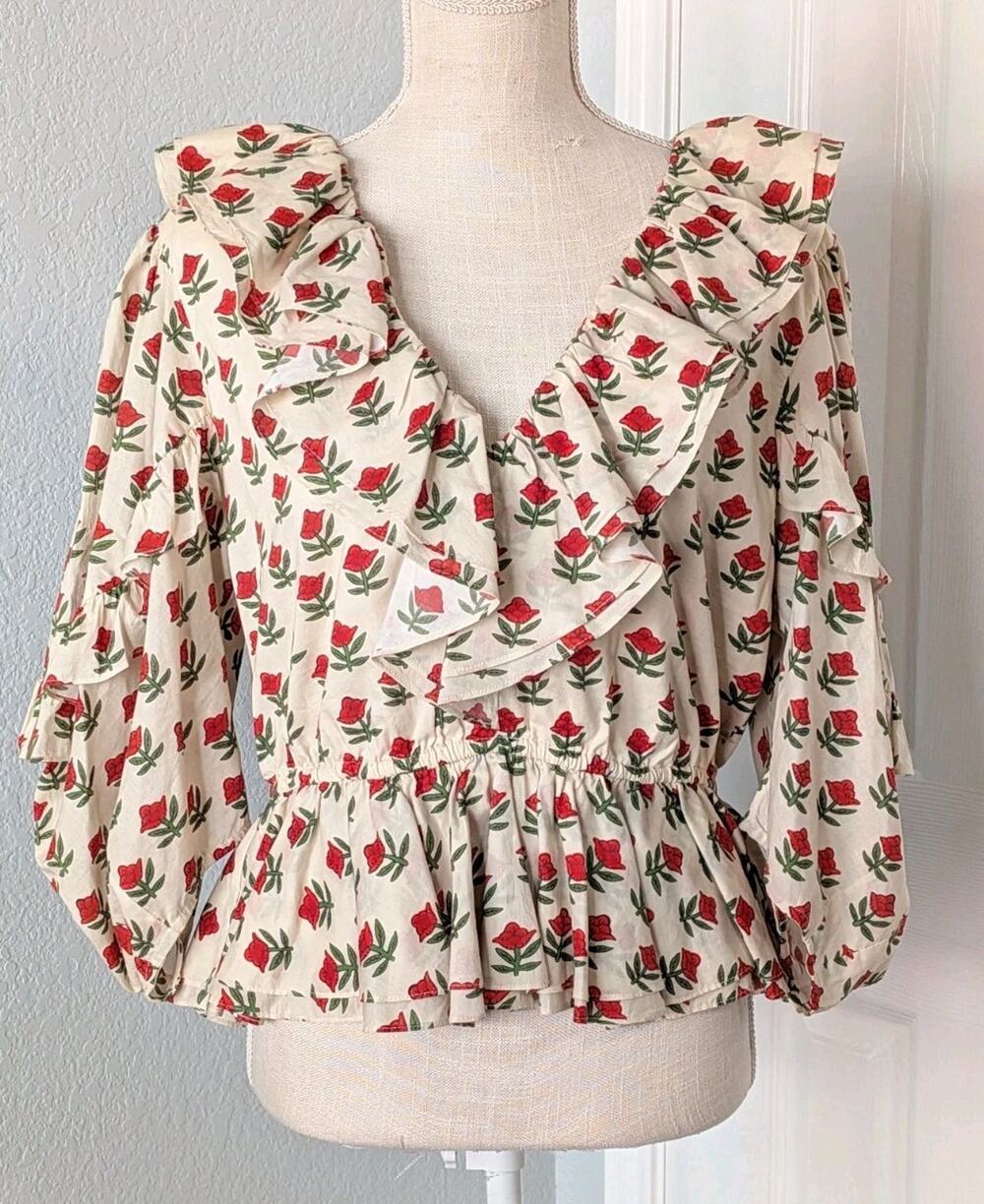 Rhode Venus Ruffle Peplum Cropped Top LARGE Scarlet Begonia 100% Cotton Size 12